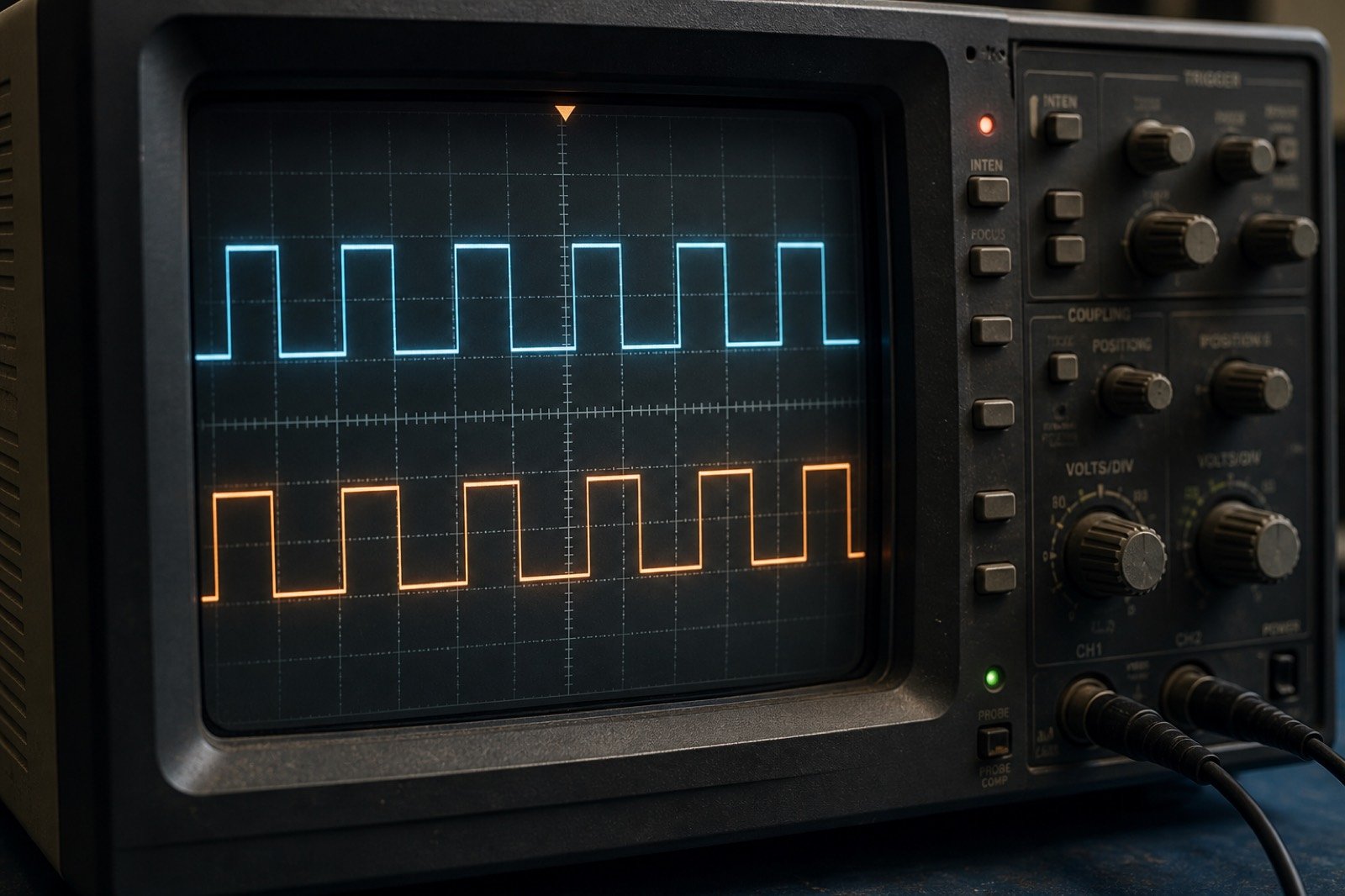 Dual-trace pulse waveform on a dark instrument screen