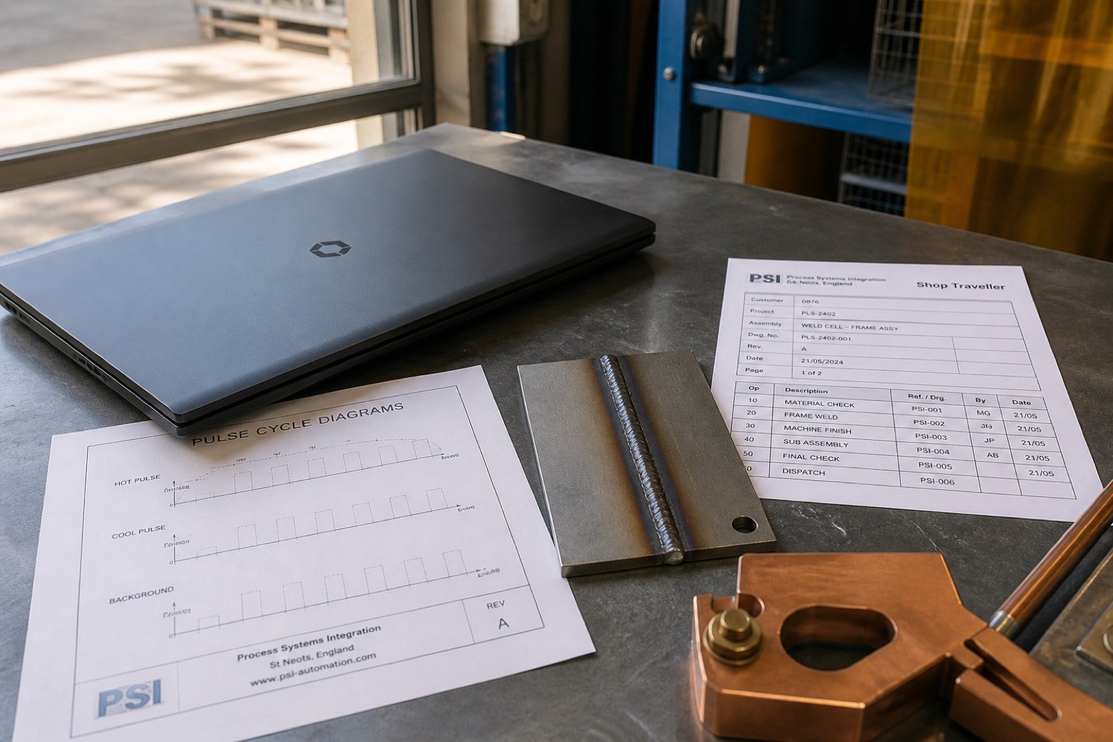 Laptop, pulse diagrams and a heat-tinted weld coupon on a steel consultancy table